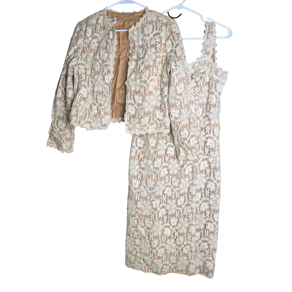 Vintage Jane Andre California Ivory Floral Lace Dress and Jacket Set 60s Talon